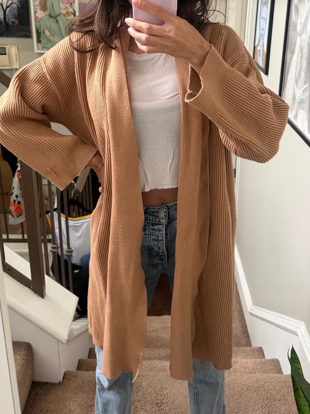 Mango Ribbed Open-Front Long Cardigan in Camel